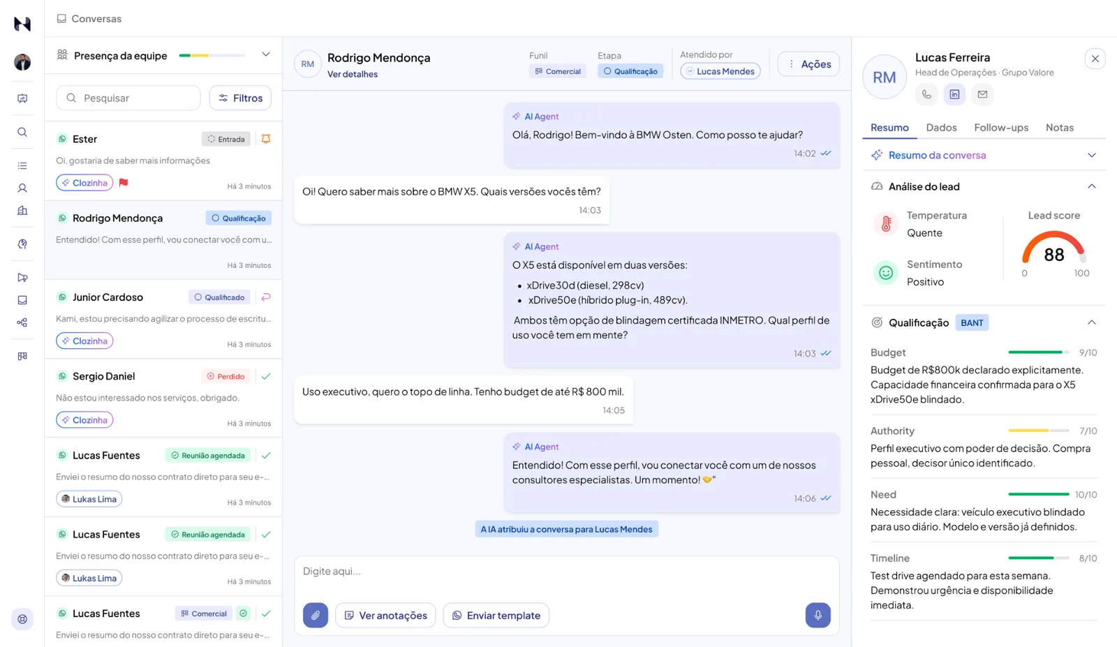 Pantalla de Conversaciones de Nuvia atendiendo a un lead de concesionario con el panel de calificación del lead al lado