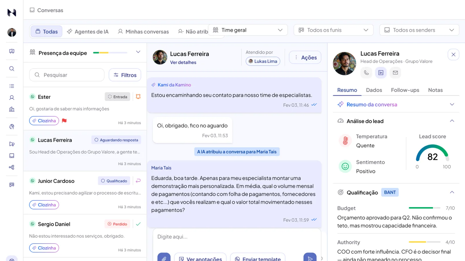 Tela da Nuvia com as conversas de WhatsApp, LinkedIn, webchat, voz, SMS e RCS em uma única caixa de entrada