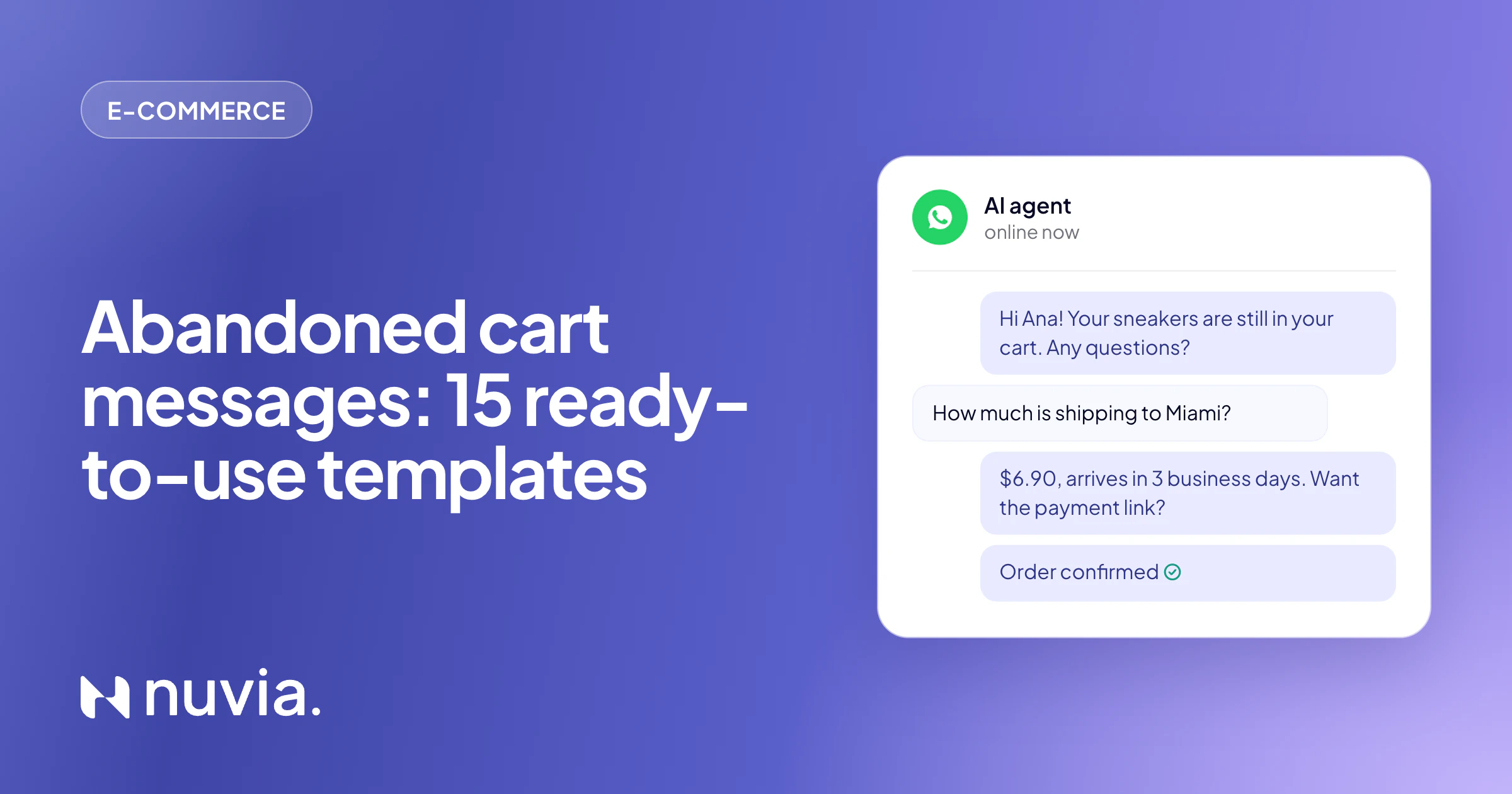 Cover: abandoned cart messages, with an AI agent answering a shipping question and sending the payment link on WhatsApp