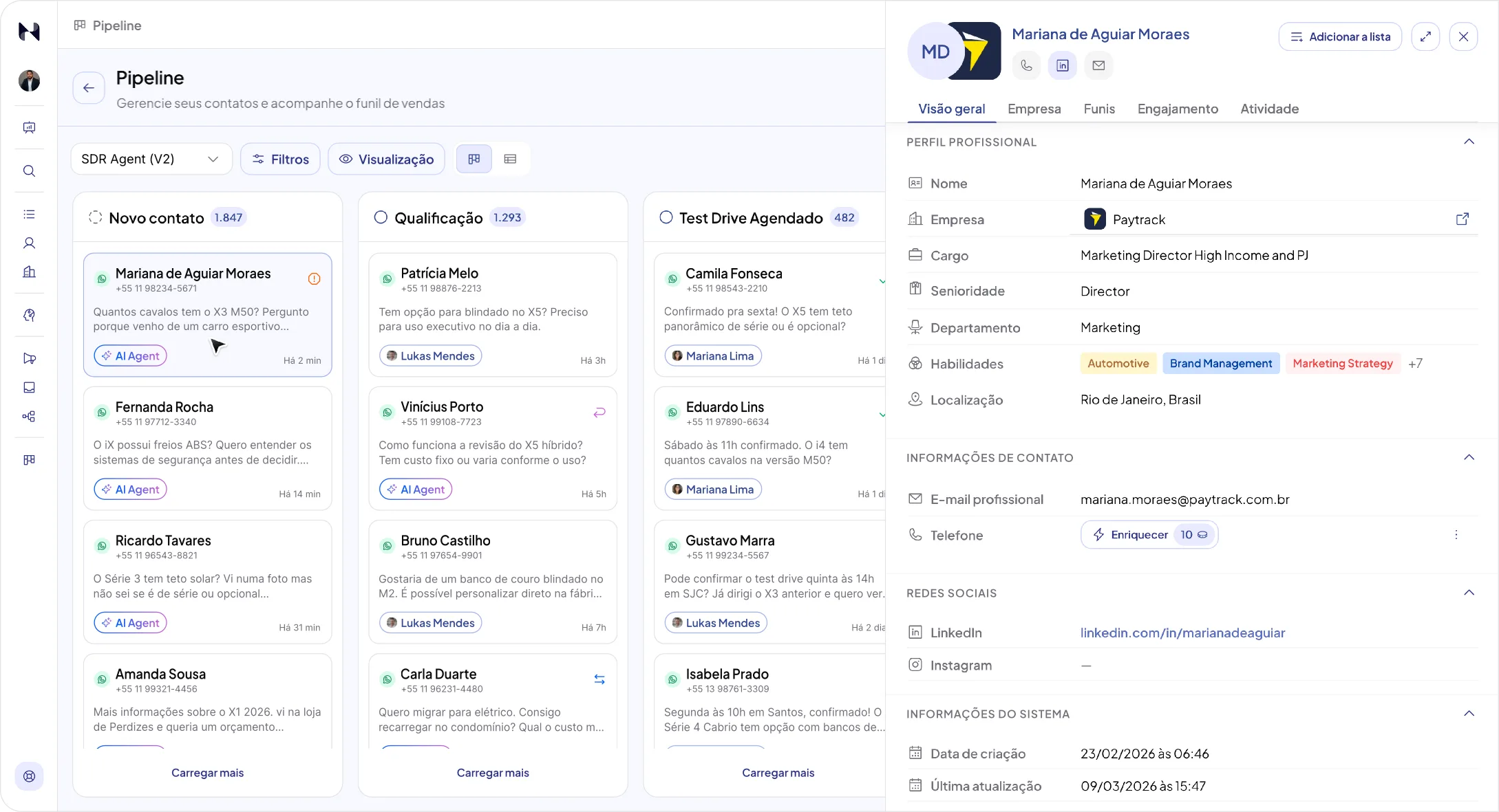 Pipeline de conversas da Nuvia em múltiplos canais